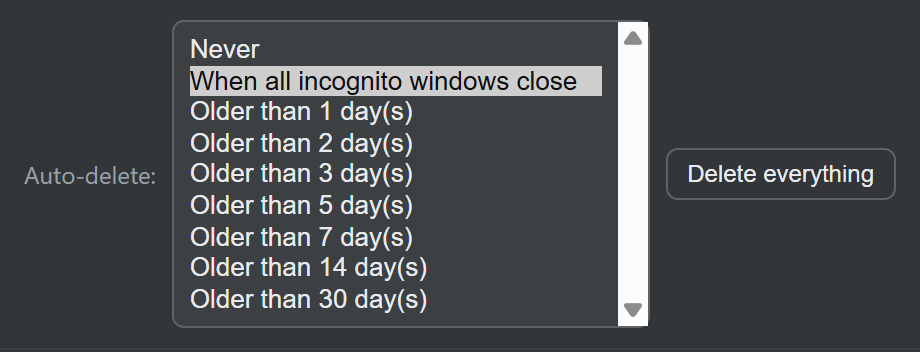 The auto-delete control expanded to show every option, next to the Delete everything button