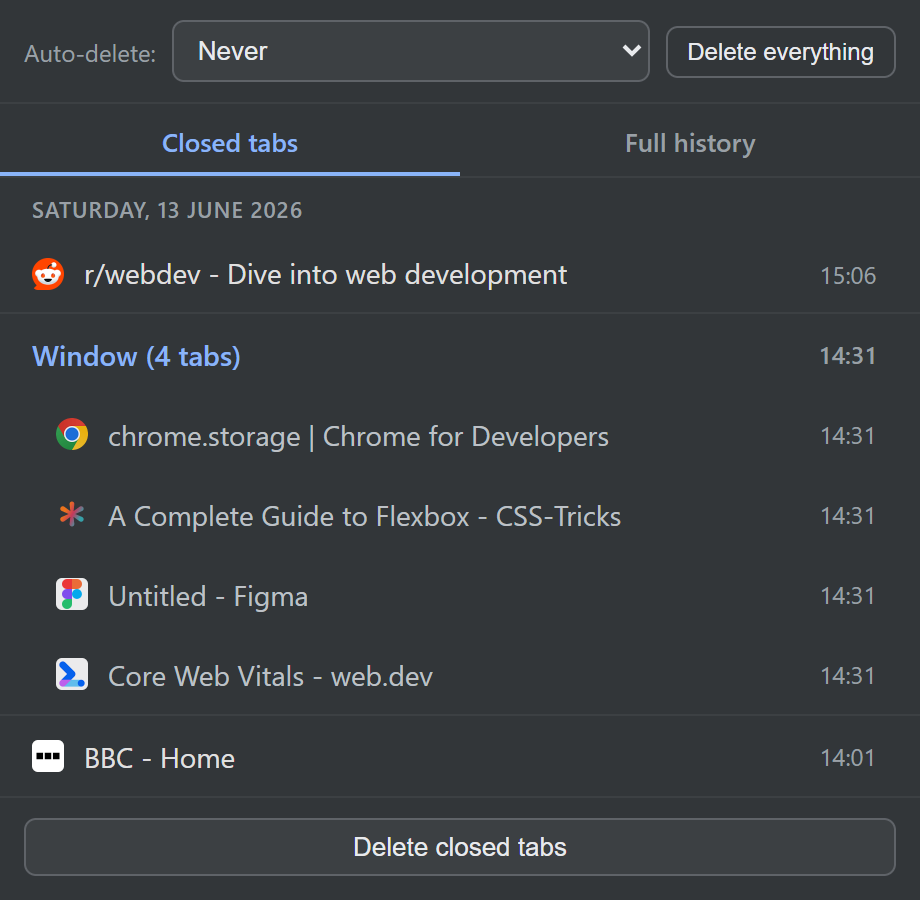 The Closed tabs view with a restored window group of four tabs, plus single closed tabs