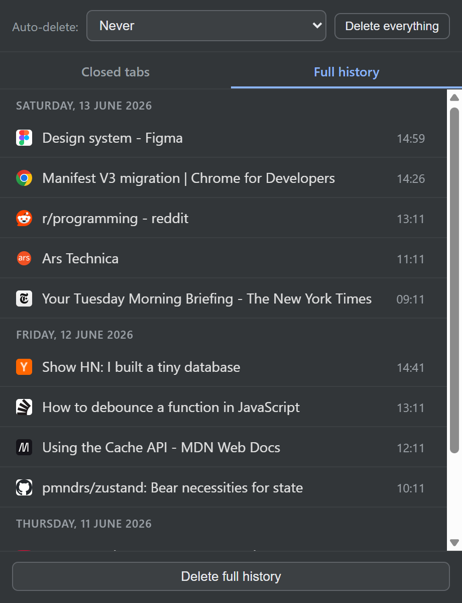 The Full history view, incognito pages grouped by day and listed newest first with favicons and titles