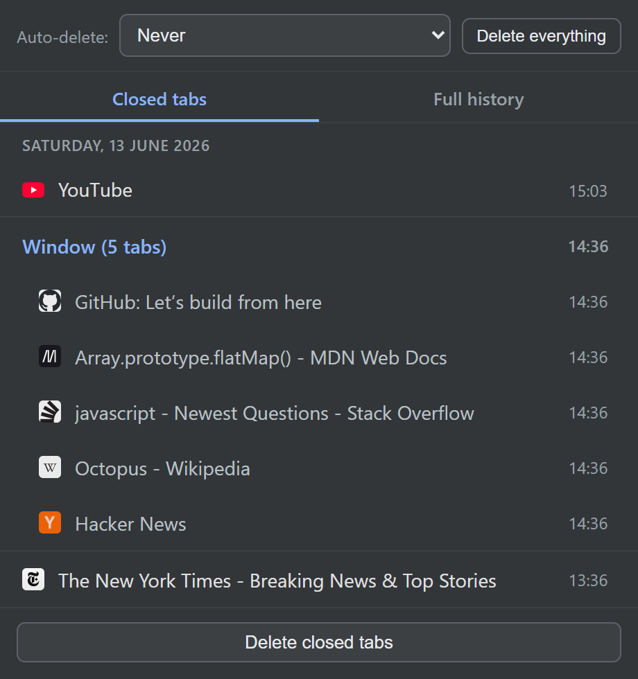 The extension popup showing closed incognito tabs, including a restored window of five tabs with favicons and titles